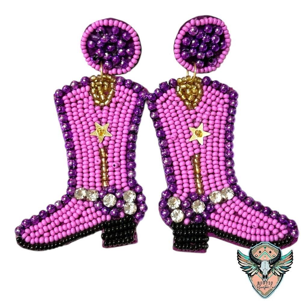 Cowboy Boot Beaded Earrings - Pink and Purple